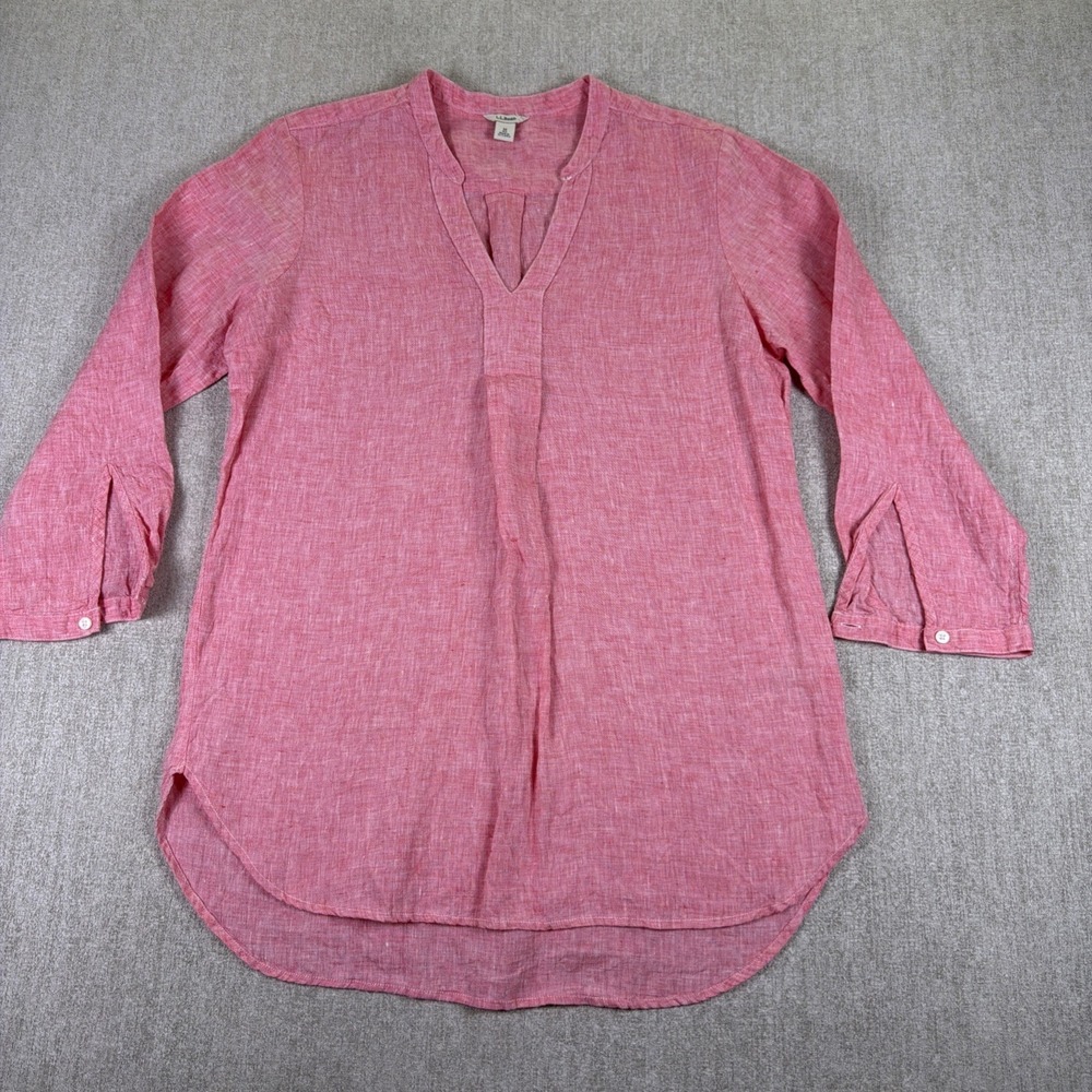 L.L. Bean 100% Linen Popover Tunic Blouse Size M Pink Hibiscus Top Beachy
